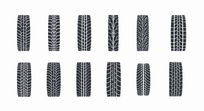 Assortment of various tire tread patterns on a white background