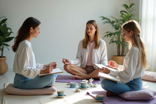 Three women engaged in a peaceful wellness session with meditation and journaling