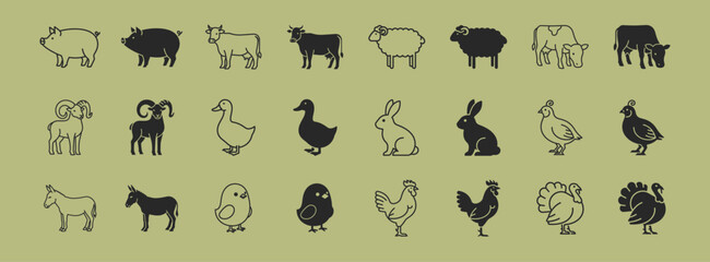 Obraz premium Farm animal icon set with livestock poultry birds and filled silhouette vector collection