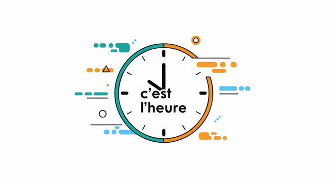 Minimalist clock face with text "c'est l'heure" and abstract shapes