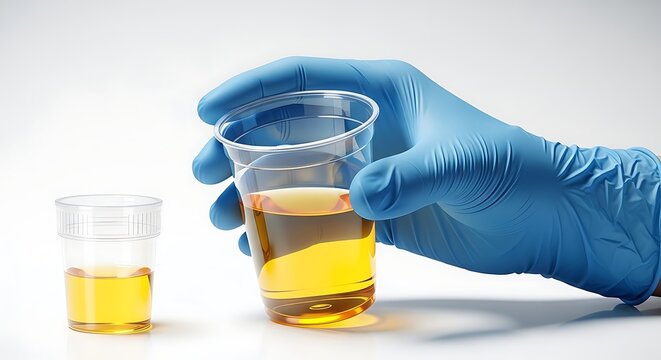 Gloved hand holding a plastic specimen cup with urine sample