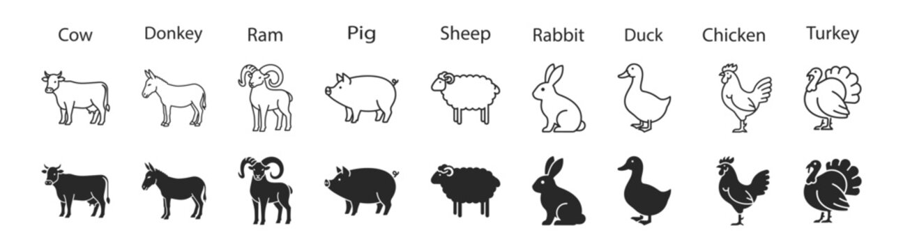 Farm animal silhouette icon set with cow donkey ram pig sheep rabbit duck chicken and turkey