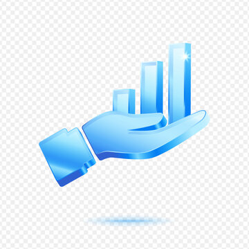 Hand Holding Bar Chart Growth, 3D Blue Glossy Business Icon