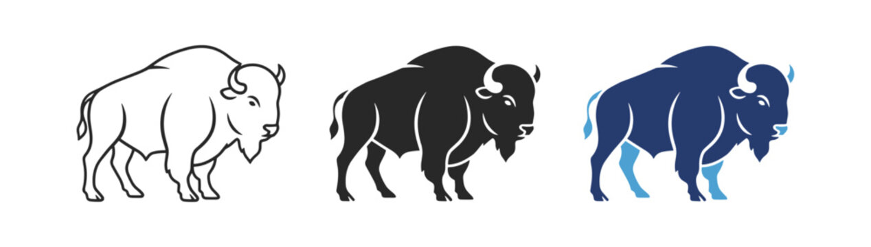 Bison icon set with outline and glyph vector animal silhouettes