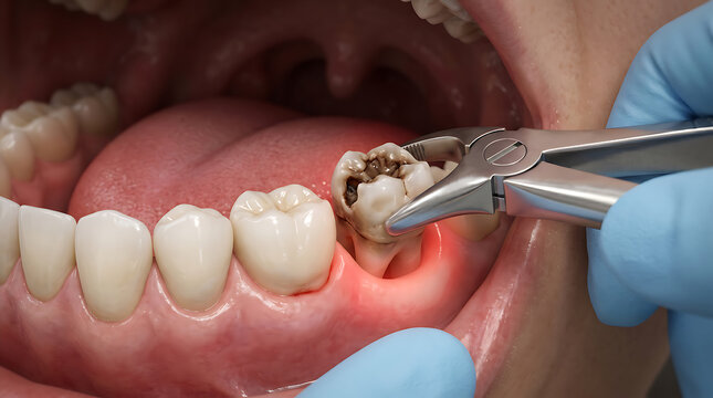 Close-up view of a dental professional performing a tooth extraction, carefully removing a severely decayed molar from a patient's mouth to alleviate pain and restore oral health