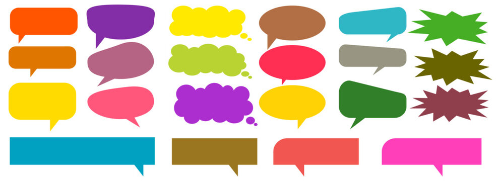 A simple design set of colorful message comment chat boxes. A collection of comic and social media speech bubbles, text boxes, and chat boxes. A vector set of comic and social media speech bubbles.