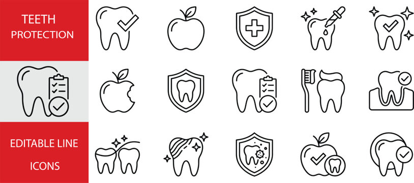 Set of teeth protection icons, dental care, oral hygiene, healthy teeth, tooth treatment, dentist, vector line icons