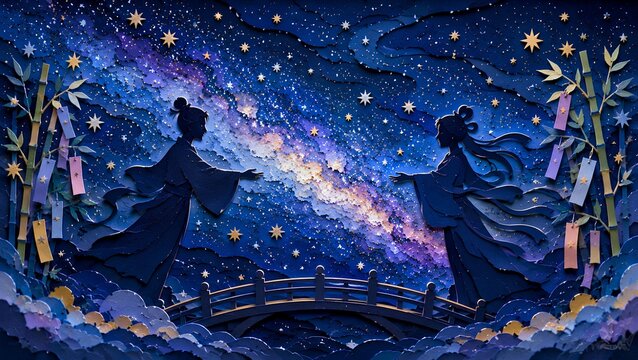 天の川を渡る織姫と彦星 七夕伝説の切り絵風ペーパークラフトアート