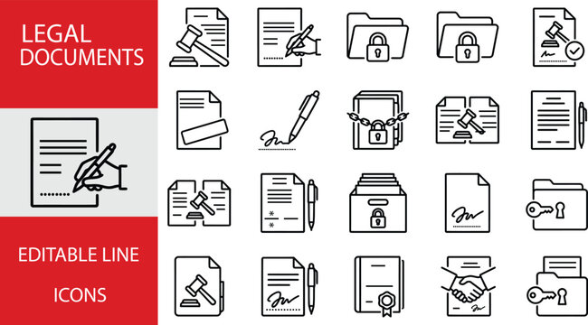Set of legal documents and law icons, including contract signing, gavel, secure folder, and agreement symbols in line style