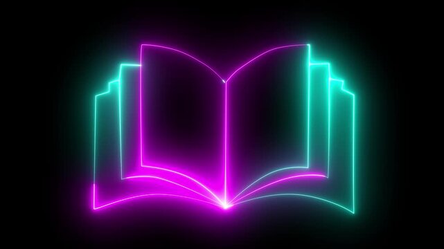 Glowing vertical book icon animation with neon open symbol on black background 4K video glowing neon colorful vertical book icon animation. 