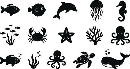 Sea Animals Silhouette Icon Set - Ocean Life, Fish, Coral, Whale, Dolphin, Turtle and Shell Vector Collection . © Rizvi