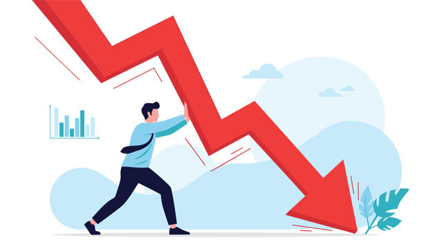 Determined businessman uses all his strength to push back against a giant falling red arrow representing a market downturn.
