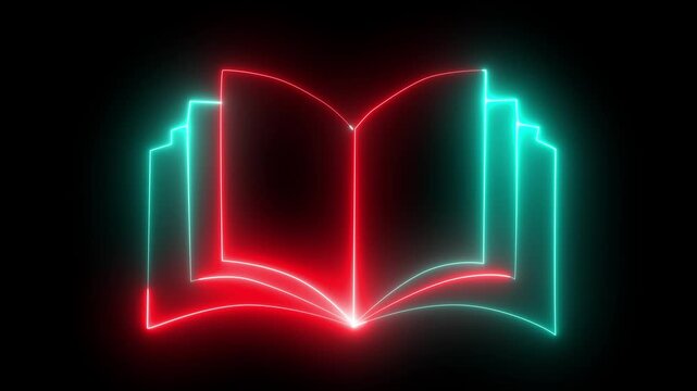 Glowing vertical book icon animation with neon open symbol on black background 4K video glowing neon colorful vertical book icon animation. 