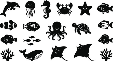 Sea Animals Silhouette Icon Set - Ocean Life, Fish, Coral, Whale, Dolphin, Turtle and Shell Vector Collection . © Rizvi