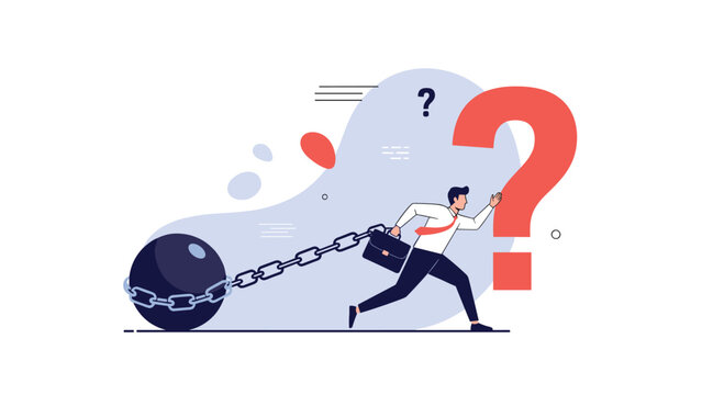 Stressed businessman tries to run towards a large orange question mark while being chained to a massive heavy iron ball.