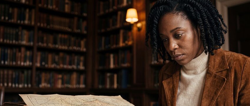 Black woman studying vintage map in historic library, focused African American female scholar researching ancient archives, academic library background, book-filled shelves, intellectual investigation