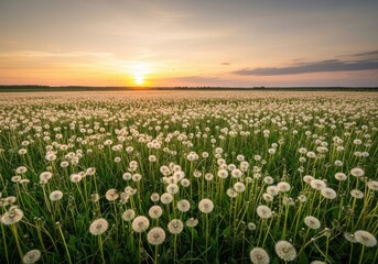 Obraz premium Beautiful field of white dandelion flowers blooming at sunset in a peaceful nature landscape with golden light