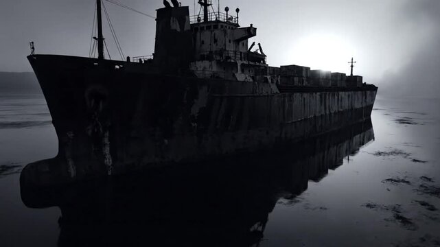 Dramatic monochrome shot of a shipwrecked cargo ship reflecting in calm waters under a foggy sky