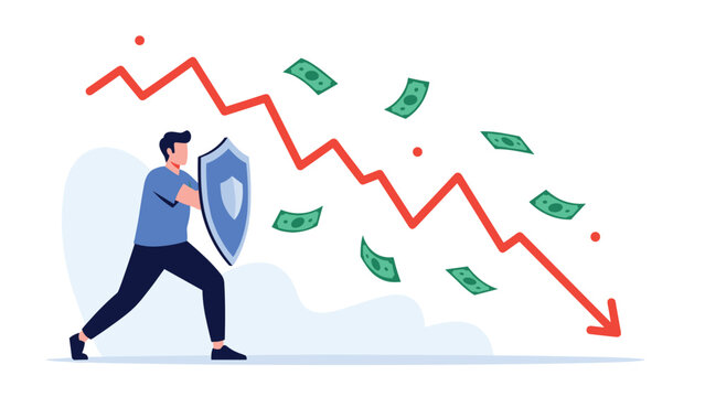 Strong man using a large blue shield to protect himself from falling money and a sharp red arrow pointing downwards.