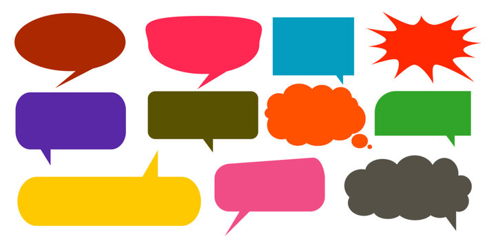 A simple design set of colorful message comment chat boxes. A collection of comic and social media speech bubbles, text boxes, and chat boxes. A vector set of comic and social media speech bubbles.