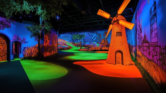 A glowing windmill on a colorful mini golf course indoors