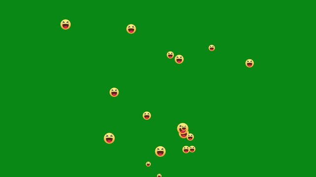Social media live stream haha reaction overlay. floating laughing face emojis on black background. stream of joyful emoticons, Smiling face with tears icons rising up. 4k