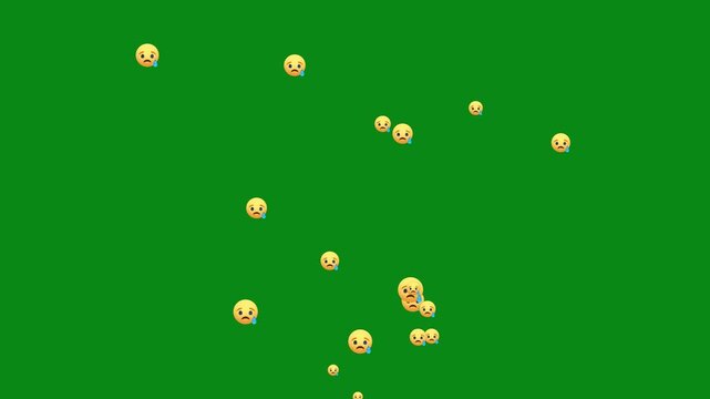 Animated crying face icons rising up. social media live stream sad reaction overlay chroma key. floating sad face emojis with tears, Live React Emotion Icon, stream of unhappy emoticons 