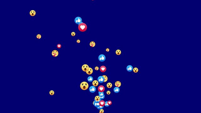 Upward stream of like, love, care reacts and emojis. Social media concept reacting to a positive viral post. social media live streaming style reaction emoji flying on background. Emojis flying moving