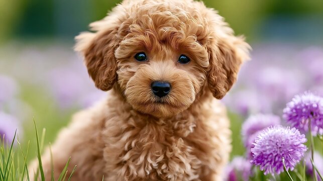 Poodle puppy looking at camera in flower field