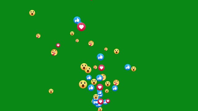 Upward stream of like, love, care reacts and emojis. Social media concept reacting to a positive viral post. social media live streaming style reaction emoji flying on background. Emojis flying moving