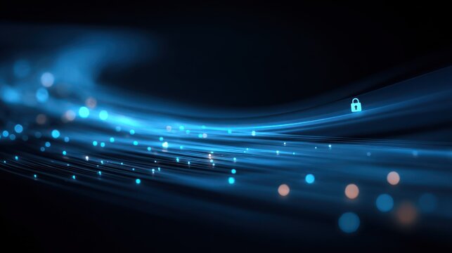Glowing blue light streaks flow across a dark digital pathway toward a small electronic lock icon