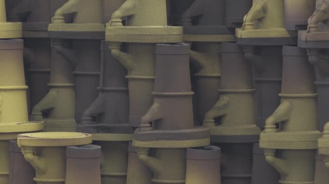 Rows of stacked sand molds in an industrial casting factory