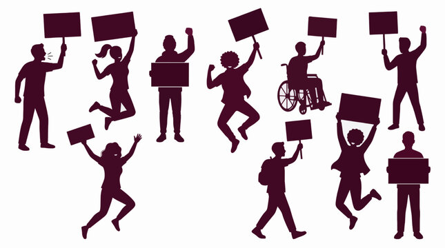 Protest Group Flat Vector Silhouettes Diverse People Holding Signs Commercial Use