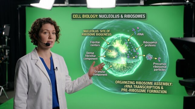 Scientist presenting ribosome assembly and nucleolus structure in futuristic lab with holographic display