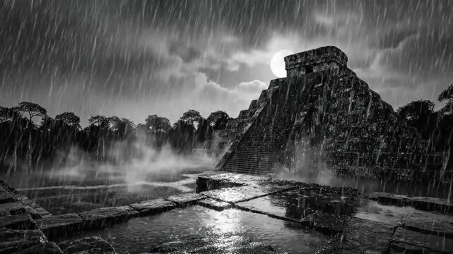 Rainy Day over Ancient Mayan Pyramid Structure During Nighttime, Dramatic Black and White Scene