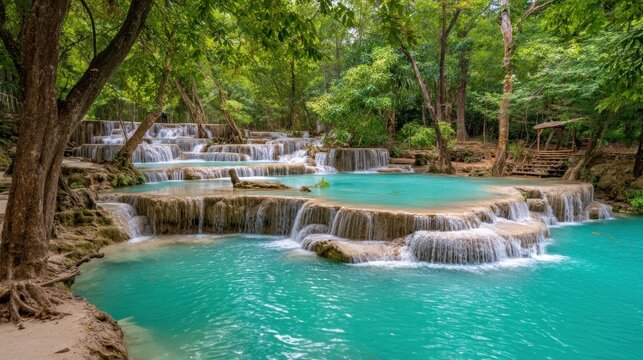 Multiple tiers of natural pools with vivid turquoise water cascade through a dense tropical forest environment.
