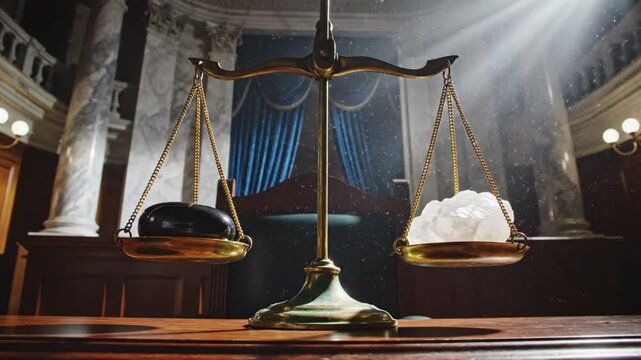 Balance scales representing justice with a black stone and white crystals lit by a spotlight in a courthouse