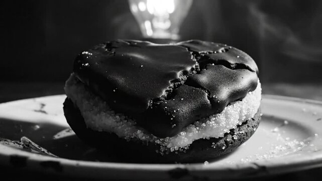 Black and white close up of a heart shaped cookie with frosting and sugar on a plate with blurred background
