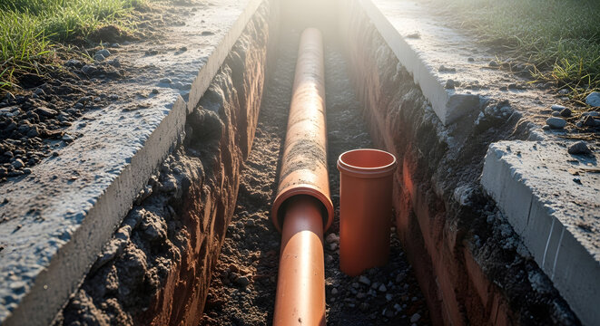 Installing Orange PVC Drainage Pipes in Underground Trench | Professional Sewer Infrastructure Construction Project | Civil Engineering Site for Wastewater Management | Industrial Plumbing System