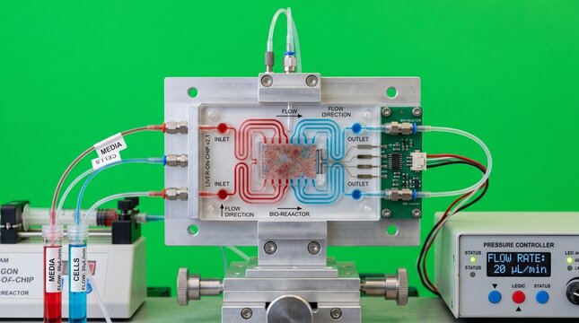 Microfluidic device for organ-on-a-chip research in laboratory setting with green background