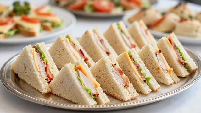 Delicious club sandwiches served on a silver platter at a corporate event with soft focus background.