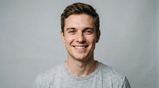 Portrait of a smiling young man against a neutral grey background, positive emotion concept
