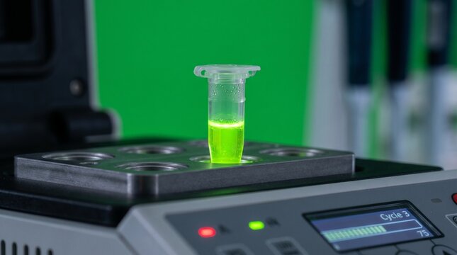 Laboratory PCR thermal cycler with glowing fluorescent sample tube in green light