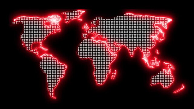 Dynamic neon world map animation for global business expansion and futuristic technology ideas. Digital Technology World Map Animation. Glowing Connections in Global Blue World Map