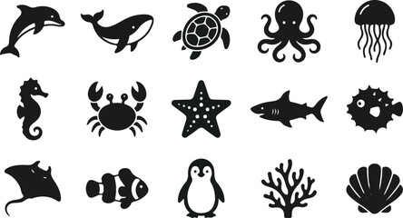 Marine Life Silhouette Icons Set Ocean Animals Sea Creatures Vector Collection . © Rizvi