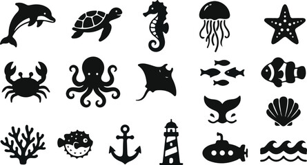 Marine Life Silhouette Icons Set Ocean Animals Sea Creatures Vector Collection . © Rizvi