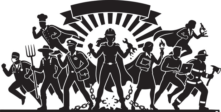 Profession labor day banner with superhero workers