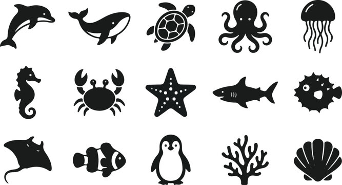 Marine Life Silhouette Icons Set Ocean Animals Sea Creatures Vector Collection .
