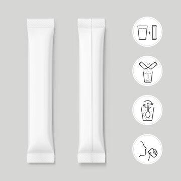 Blank package stick mockup with set icons. Flat lay view. Vector illustration  isolated on grey background. Can be use for food, cosmetic, medicine and etc. Scalable without lose quality. EPS10.