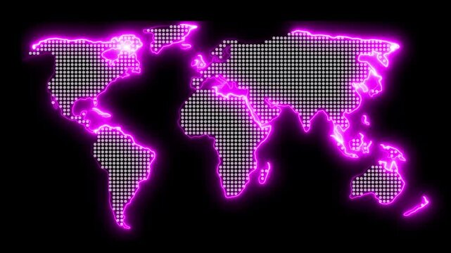 Dynamic neon world map animation for global business expansion and futuristic technology ideas. Digital Technology World Map Animation. Glowing Connections in Global Blue World Map